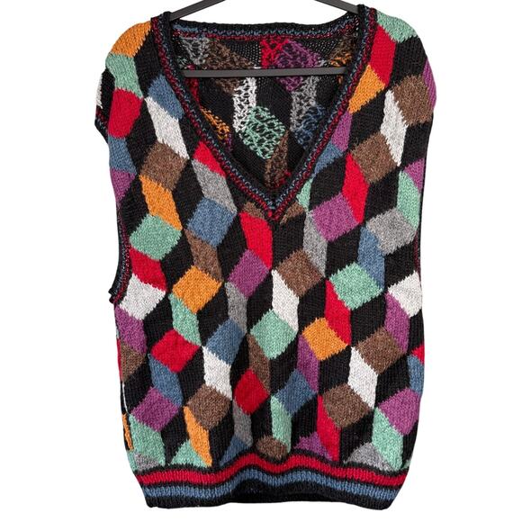 KAFFE-STYLE L Tumbling Blocks V Neck Grandpacore Hand Knit Sweater Vest OOAK - Picture 1 of 5